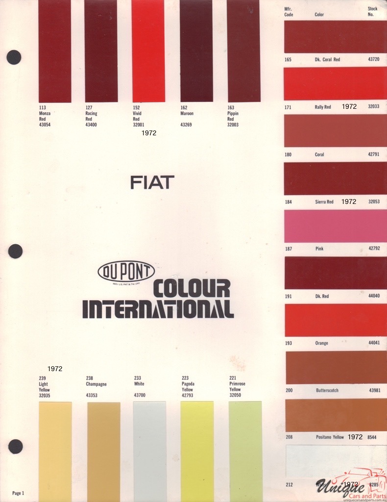 1972 Fiat International Paint Charts DuPont 1